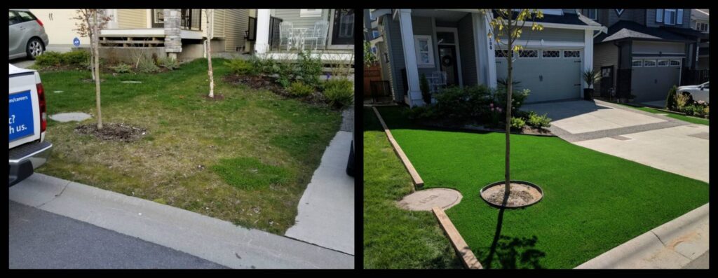 Before/after: Sparse, brown natural grass replaced with lush, vibrant green artificial turf landscaping.