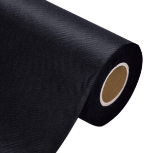 Black fabric roll, woven textile, or non-woven weed barrier material on white.